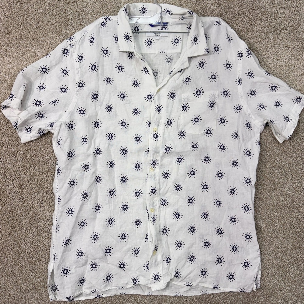 Teddy Stratford Linen Shirt Mens 4 Short Sleeve White Navy Starburst EUC